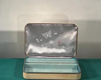 Vintage Floral Butterfly Tan/Teal Farrington 1950's Travel Jewelry Box