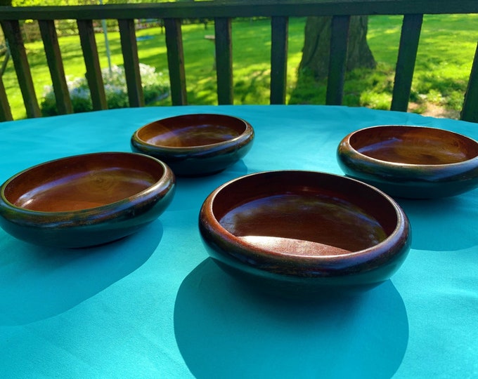 Set of Four Walnut Wooden Salad Bowls, Retro Dining, Vintage Salad