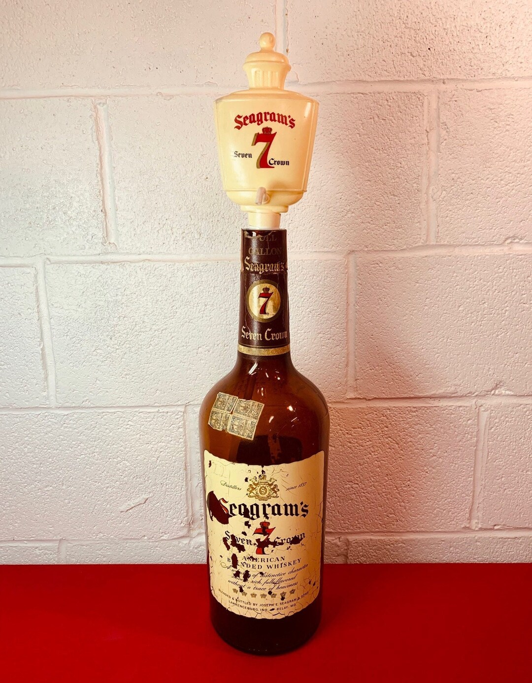 Vintage Seagram's 7 Gallon Glass Bottle W Squeeze Pump and Spout Top