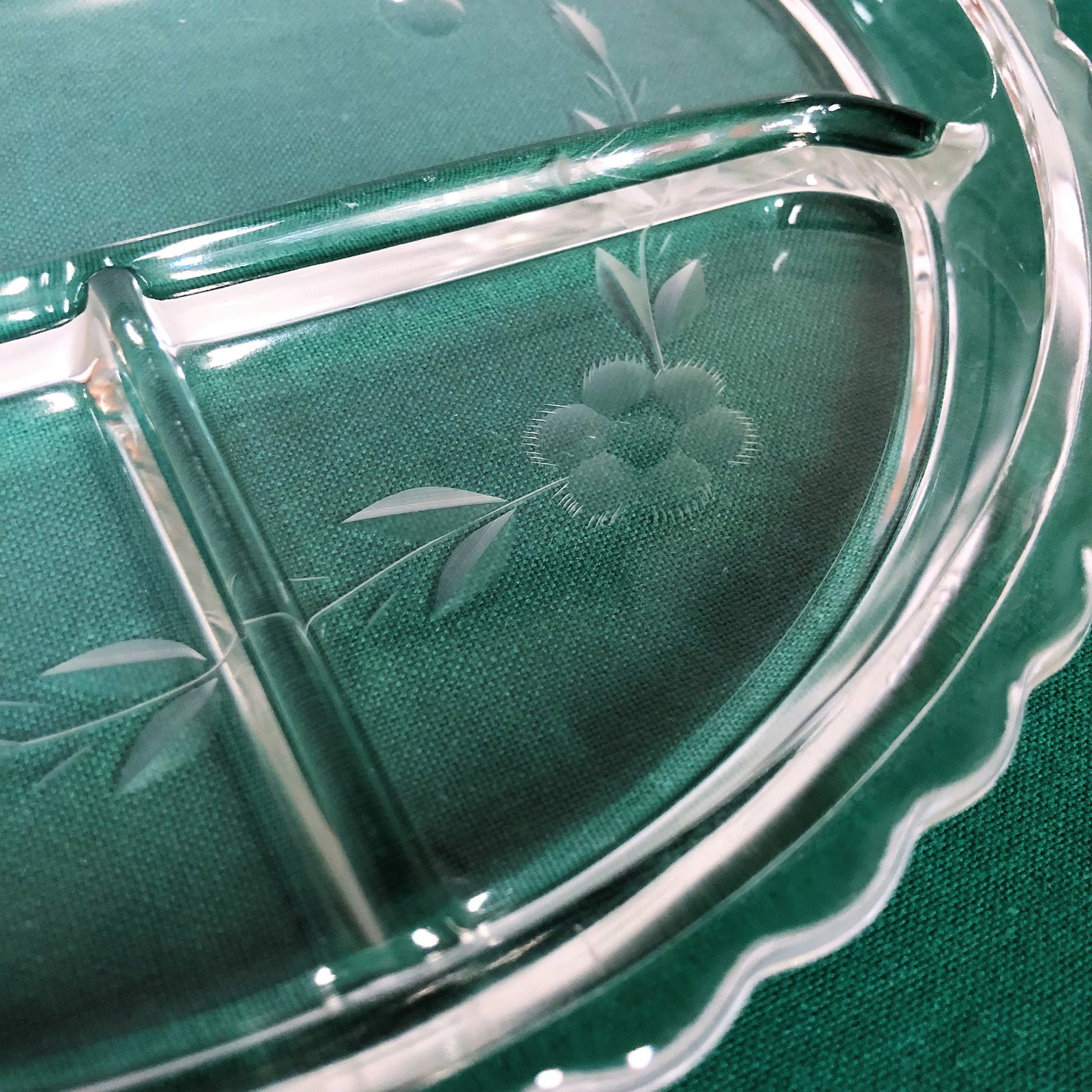 Vintage Clear Glass Divided Relish Dish With Etched Flowers Etsy