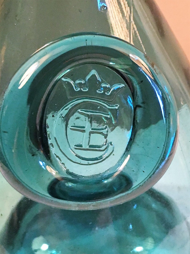 Applied CE Crown Shove Up Kick Up Bottom Carved Inward Holmegaard Elsimore Danish BlueGreen Glass Wine Carafe Push Up Punt Bottom