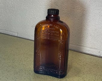 Vintage One Pint Amber Glass Whiskey Bottle-Scroll and Column Design-Trademark W-Owens-Illinois Glass Co.-D23/65-6-Retro Medicine Bottle