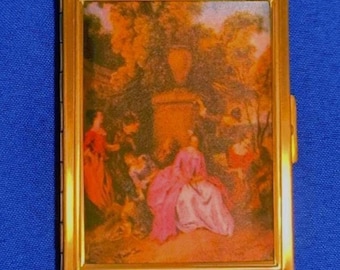Vintage Mini Metal w Padded Fabric Photo Album w Victorian Scene, Compact Photo Album for Purse , Grandma Brag Book, Travel Size Photo Album