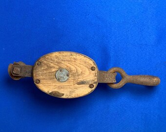 Antique Wooden & Iron Maritime Double Block Tackle Pulley w/ Hook and Ring