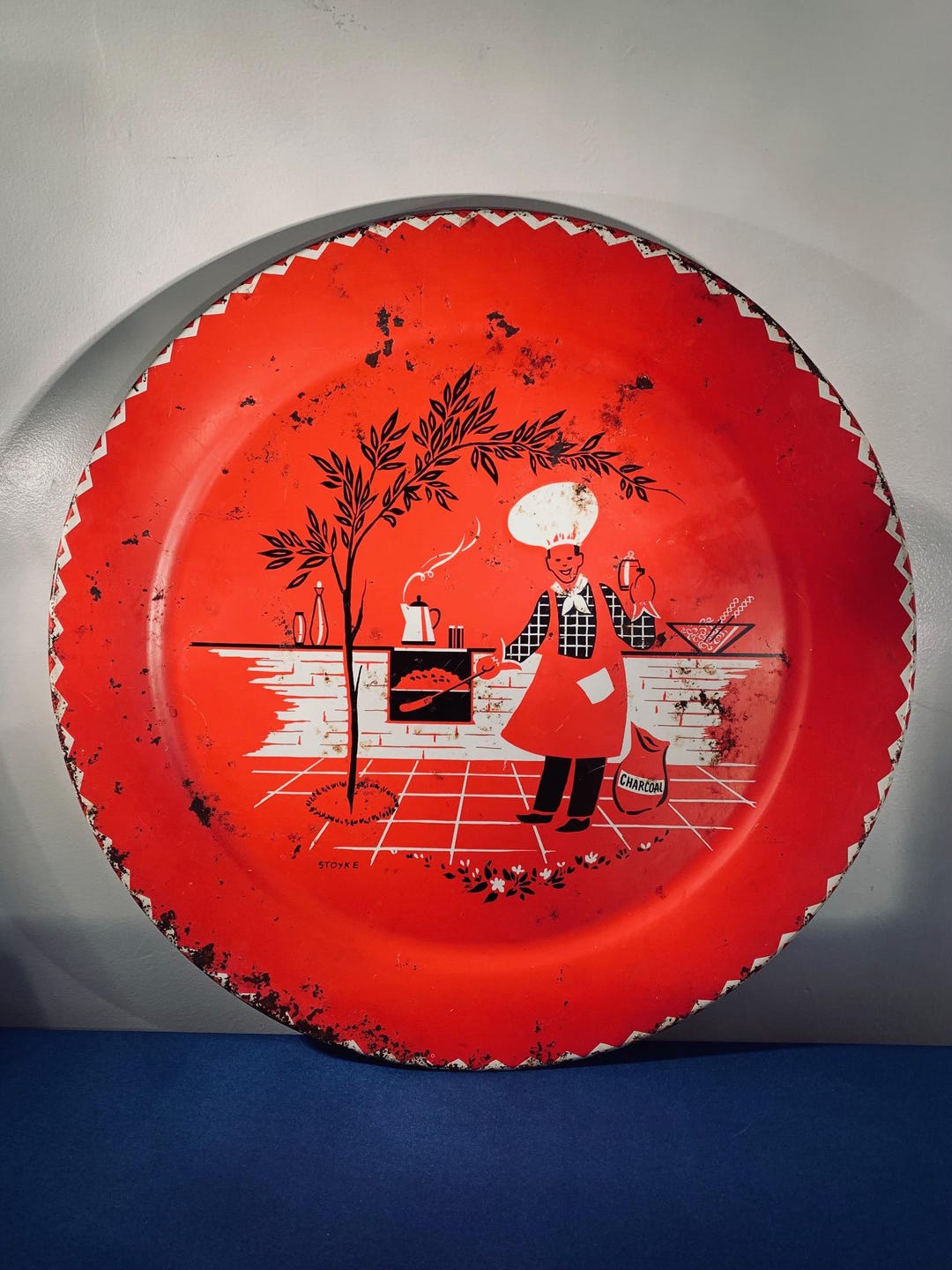 Vintage BBQ Grilling Tray/ Platter Mid Century Round 19" Red Tin 1950's ...