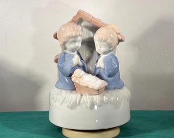 Vintage Nativity Music Box Ceramic Blue and White Made in Japan- Works Silent Night