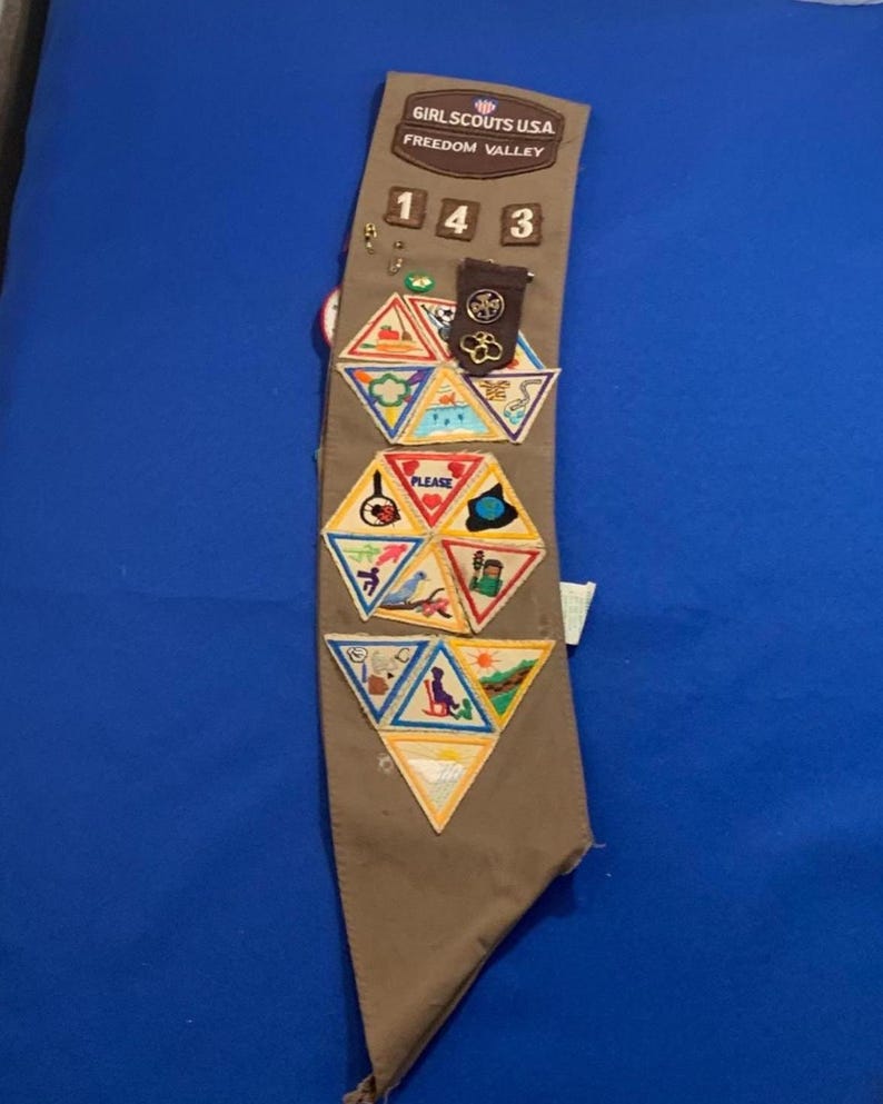 1992 Brownie Sash with Patches and Pins, Girl Scouts USA Freedom Valley PA Troop 143, Collectible Girl Scout Memorabilia, FREE Shipping image 1
