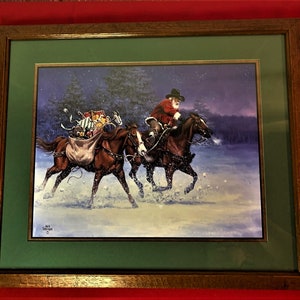 Jack Sorenson Christmas Rush Framed Art Print Home Interiors USA, Cowboy Santa Picture, Western Christmas Wall Art, Horse Carrying Presents