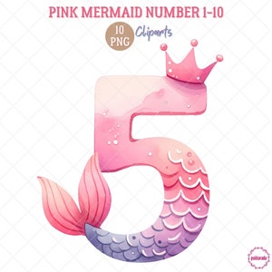 Watercolor Mermaid Crown Number Clipart - Pastel Birthday Party Decor, PNG Sublimation Bundle, Cute Number 1-10, Digital Download