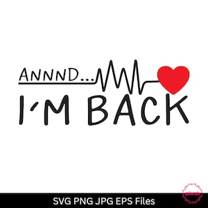 May include: A black and white graphic with the text "ANNNND... I'M BACK". A red heart is at the end of a line that resembles a heartbeat. The image is a digital design.