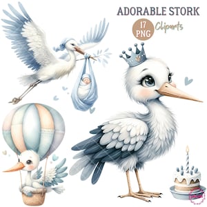 Stork Clipart, Adorable Stork Clipart Bundle, 17 PNG High-Quality, Newborn Art, Baby Shower, Birthday Printable, Commercial Use