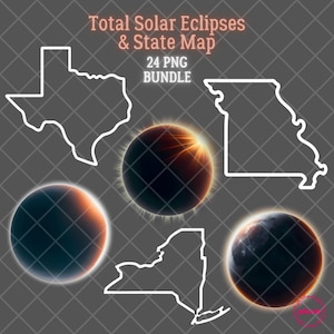 Eclipse solar total de EE. UU., Mapa estatal de EE. UU., Paquete PNG, Primavera 8.24 de abril, América del Norte, Texas, Nueva York, Arkansas, Ohio, Regalo para amantes de la astronomía