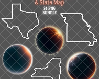 USA Total Solar Eclipse, US State Map, PNG Bundle, Spring April 8.24, North America, Texas, New York, Arkansas, Ohio, Astronomy lovers gift