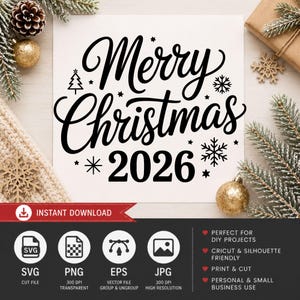 Könnte beinhalten: Ein digitales Grafikdesign mit dem schwarzen Text Merry Christmas 2026 in einer kursiven und fetten Schriftart. Das Design enthält kleine schwarze Symbole eines Tannenbaums, Schneeflocken und Sterne, die um den Text auf weißem Hintergrund angeordnet sind.