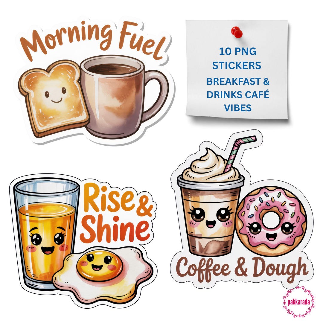 Breakfast & Drinks Café Vibes PNG Stickers – Kawaii Breakfast Clipart ...