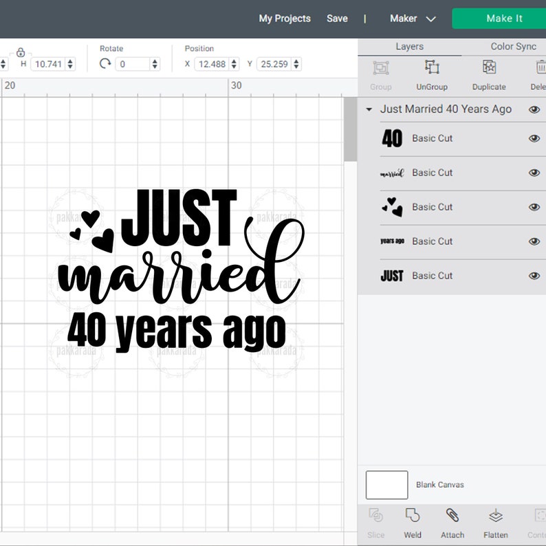 May include: A design for a cutting machine showing the text "JUST married 40 years ago" with two hearts and the number 40. The design is in black on a white background.