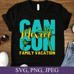 May include: Black t-shirt with a turquoise and yellow graphic that says "Cancun Mexico Family Vacation" with palm trees.