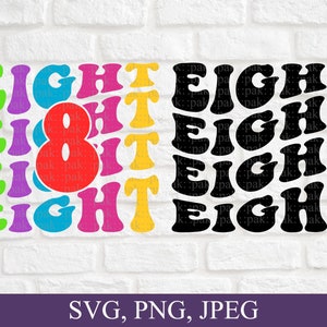 Puede incluir: Diseños gráficos coloridos y en blanco y negro de la palabra "EIGHT" con un gran número 8 rojo en el centro. La palabra "EIGHT" se repite varias veces en un diseño en capas.