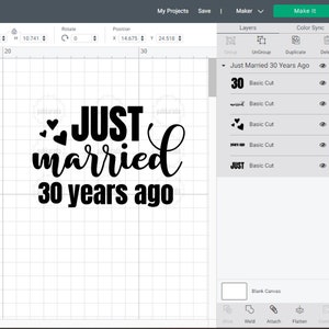May include: A black and white design for a 30th anniversary celebration. The design says "Just married 30 years ago" with hearts and the number 30. The design is shown on a white background.