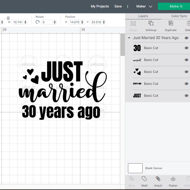 May include: A black and white design for a 30th anniversary celebration. The design says "Just married 30 years ago" with hearts and the number 30. The design is shown on a white background.