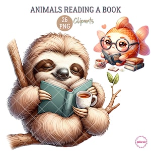 Bookworm Bundle, 26 Animals Reading a Book, Whimsical Sloth Reader, Cute Fish with Book, Cat, Dog, Owl, Cow, PNG Digital Download