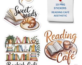 Pegatinas estéticas de cafetería de lectura: paquete PNG de libros y café acogedores, descarga digital para amantes de la lectura