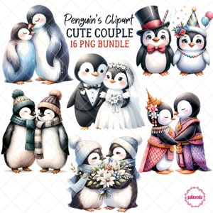 Acuarela Pareja Pingüino Clipart, Archivos PNG de sublimación, Regalo de San Valentín, Regalo para ella, Regalo para él, Boda PNG, Invierno PNG