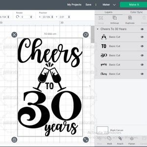 May include: Black graphic design with the words "Cheers to 30 Years" and two champagne glasses clinking. The number 30 is large and prominent. The design is suitable for a birthday celebration.