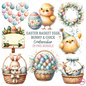 Watercolor Easter Bundle | 29-Piece PNG Collection | Easter Basket With Eggs Bunny and Cute Chicks, Digital Download