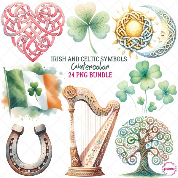 Watercolor Celtic Heritage Bundle , St. Patrick's Day Irish Clipart, 24 PNG Sublimation, Symbols of Ireland and Scotland, Digital Download