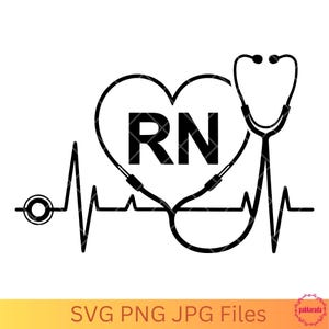 May include: Black and white graphic design of a stethoscope and a heart with the letters RN inside. A heartbeat line is below the heart.