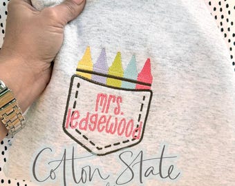 Embroidered Crayon Pocket Sweatshirt, Personalized Teacher Gift