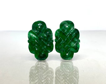 Vintage Emerald Green Jadeite Jade Grade A Hand Carved With Chinese Knots Set 27mm(L)*18mm(W)*2.5mm(D) UL060817-27B