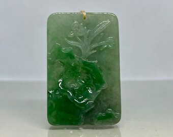 Vintage Icy Green Jadeite Jade A Grade Carved With Lotus Flower Pendant 53mm(L)*34mm(W)*7mm(D) UL090322-46