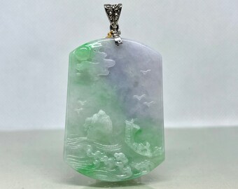 Vintage Bio Color Jadeite Jade Grade A Hand Carved With Landscape Pure Pendant 54mm(L)*39mm((W)*7mm(D) UL111121-73