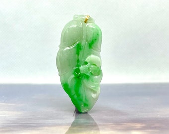 Vintage Apple Green Jadeite Jade A Grade Carved With Leaf Pendant 48mm(L)*22mm(W)*4mm(D) UL010123-04
