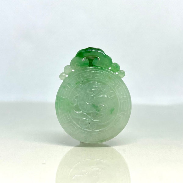 Vintage Icy Green Jadeite Jade A Grade Translucent Handmade Carved With Han Dynasty Dragon Pendant 38mm(L)*30mm(W)*6mm(D) UL080622-47