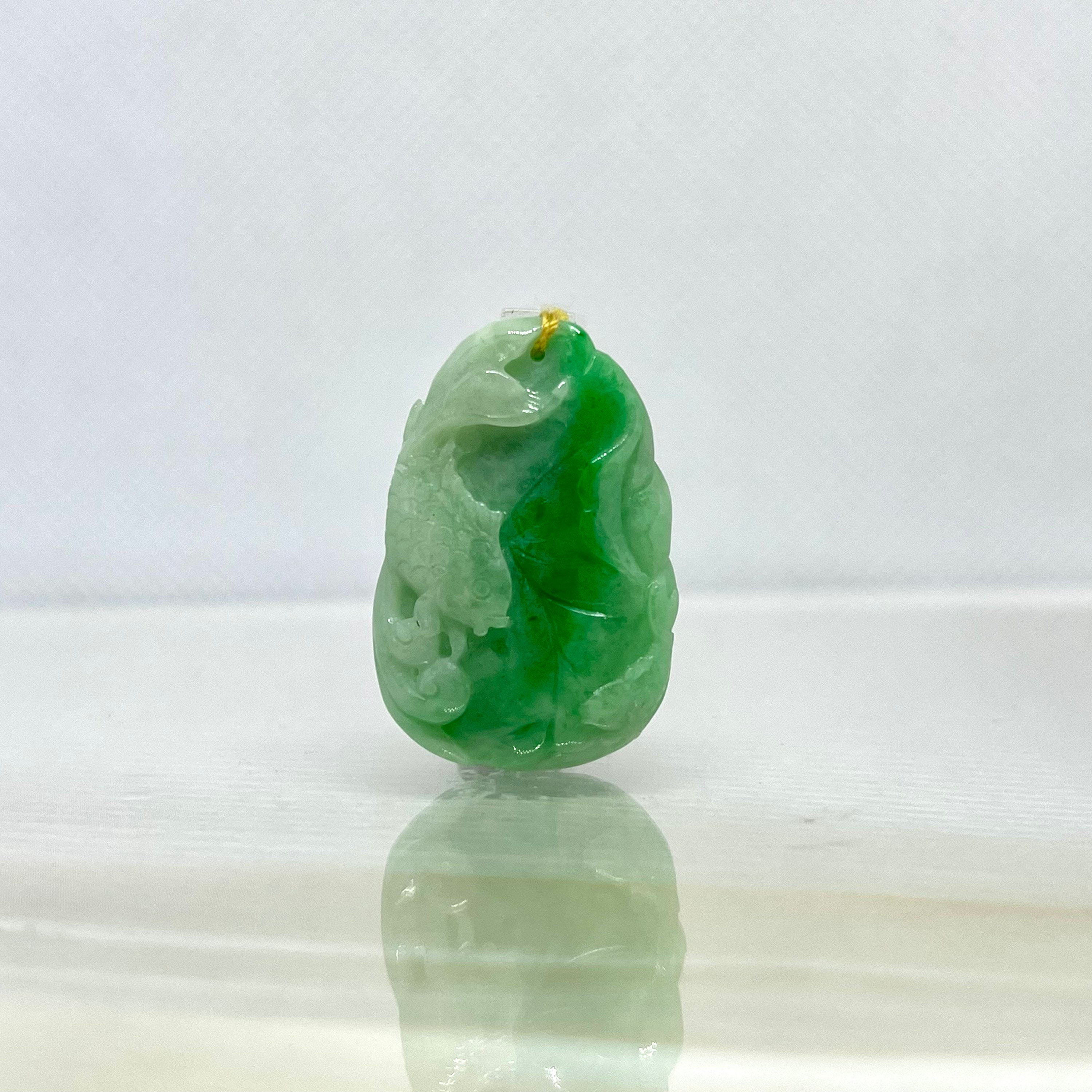 Vintage Apple Green Jadeite Jade A Grade Handmade Carved With Koi Fish and Lotus Pendant 32mm(L)*22mm(W)*9mm(D) UL021822-20