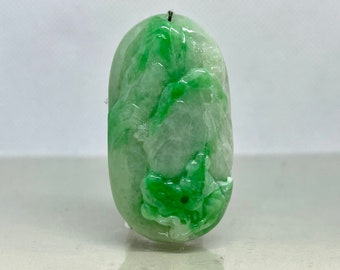 Vintage Natural Green Jadeite Jade A Grade Carved With Mountain View Pendant 51mm(L)*28mm(W)*10mm(D) UL061222-13