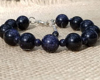 Midnight Blue Goldstone Bracelet, Gold Stone Bracelet, Blue Beaded Bracelet, Blue Stone Bracelet, Dark Blue Fancy Bracelet, Gift for Her