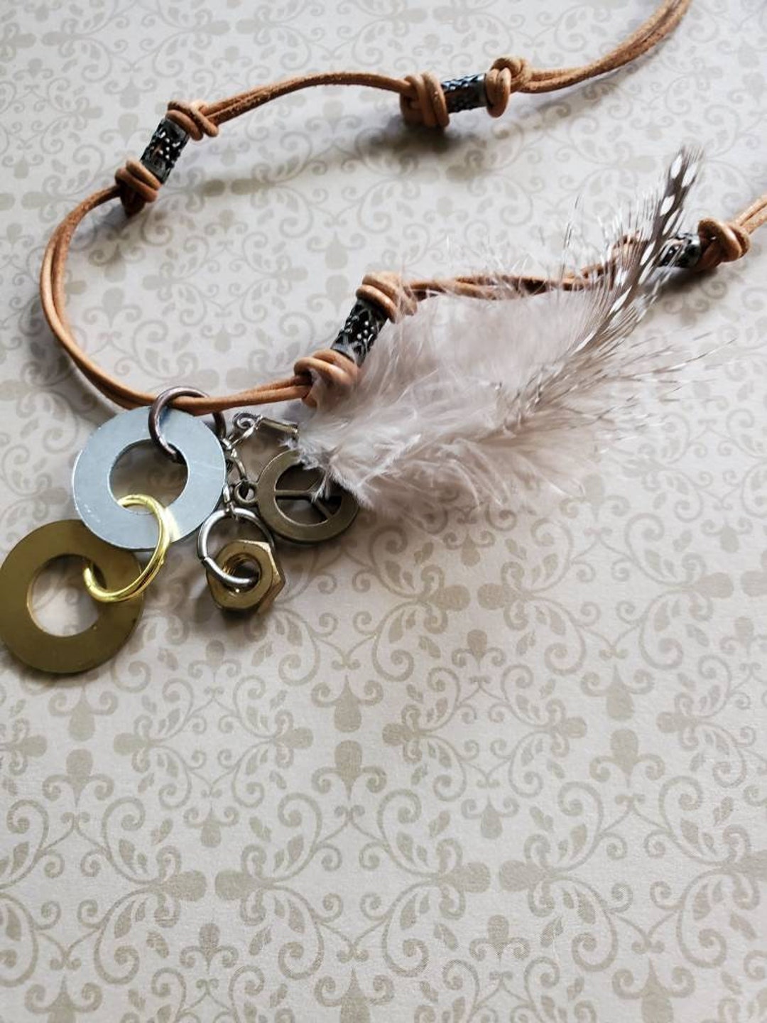 Tan Leather Cord Charm Choker Metal Charms Natural Feather Etsy