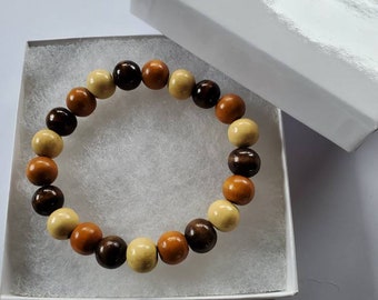 Natural Wood Bead Bracelet, Orange White Brown Bracelet, Beaded Bracelet, Wood Bracelet, Orange Beads, Brown Beads, White Beads Bracelet