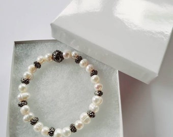 Natural Freshwater Pearl Bracelet, White Pearl Bracelet, Beaded Bracelet, Silver Bead Bracelet, Semi-Precious Jewelry, Gemstone Bracelet