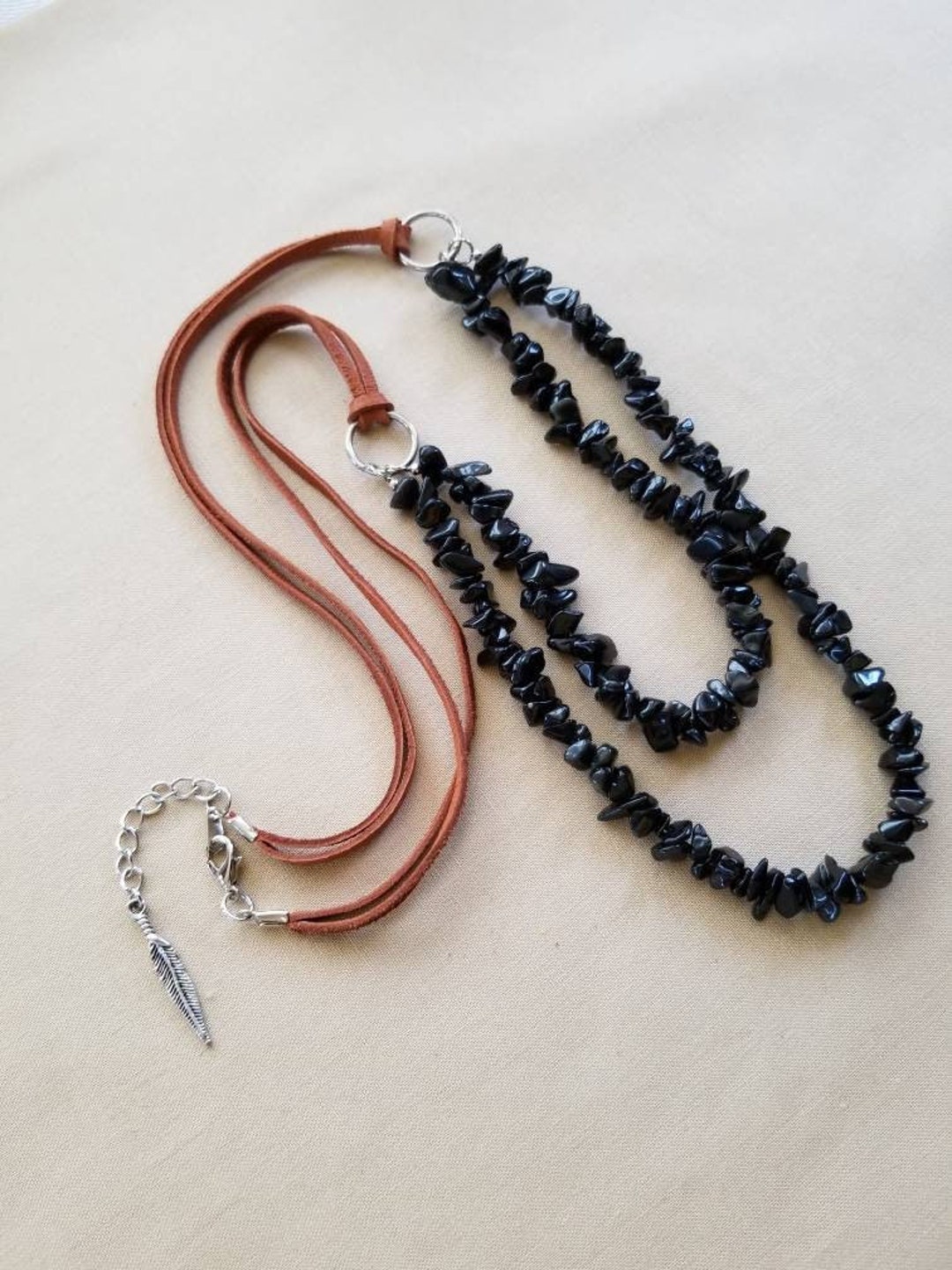 Natural Black Obsidian Leather Necklace, Natural Gemstone Necklace, Brown Leather Lace Necklace