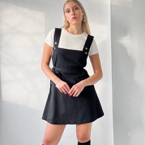 Women's Pinafore Sleeveless Buttoned Dress, Overall Plaid Mini Dress, Dungaree Jumper Dress, Gift for Her