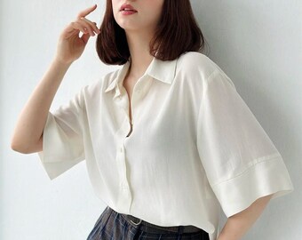 Mini Viscose and Woven Shortleeve Summer Women Shirt, Button Down Vintage Clothing, Oversized Embroidered Cottagecore Blouse