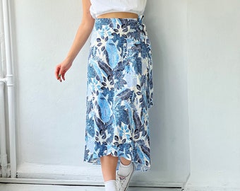 A-Line Skirt With Ties, Blue Floral Midi Wrap Skirt, Envelope Skirt. High Waisted Skirt, Mid-Calf Skirt