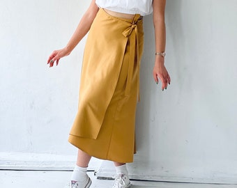 A-Line Skirt With Ties, Mustard Color Solid Midi Wrap Skirt, Envelope Skirt. High Waisted Skirt, Mid-Calf Skirt