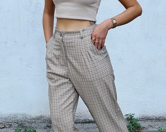 Classic Retro Plaid Baggy Pleated Trousers, Retrobird  Casual Plaid Retro Style Wide Leg Office Pants, High Waist Trouser Pants with Pockets