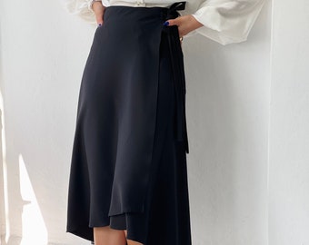 A-Line Skirt With Ties, Black Solid Midi Wrap Skirt, Envelope Skirt. High Waisted Skirt, Mid-Calf Skirt